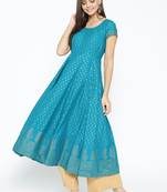 Turquoise printed cotton long-kurtis