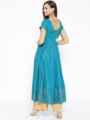 Turquoise printed cotton long-kurtis 2