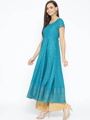 Turquoise printed cotton long-kurtis 3