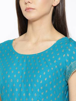 Turquoise printed cotton long-kurtis 4
