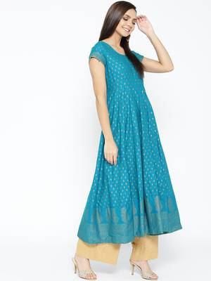 Turquoise printed cotton long-kurtis 5
