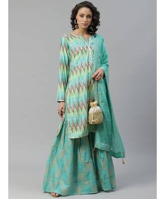 Made To Measure Ikat Print & Gotta Patti Embroidery Kurta Sharara Set & Cotton Dupatta 1