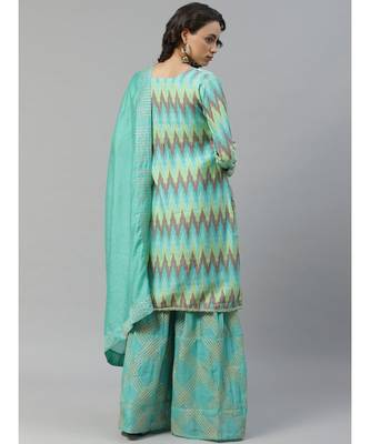 Made To Measure Ikat Print & Gotta Patti Embroidery Kurta Sharara Set & Cotton Dupatta 2