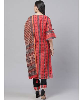 Chanderi Silk Stitched Suit with Digital Handloom & Indie Print with Maheshwari Dupatta 3
