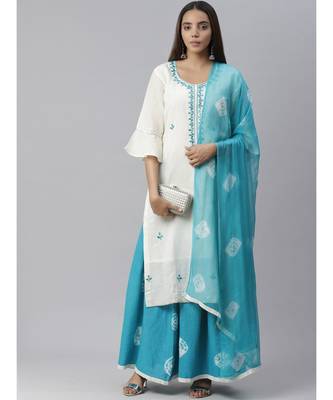 Jute Cotton Embroidered Kurta Set with Bandhej Palazzo and Mirror Embellishments 1