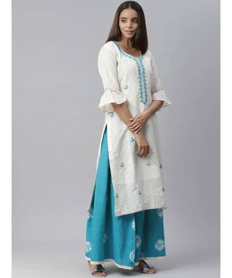 Jute Cotton Embroidered Kurta Set with Bandhej Palazzo and Mirror Embellishments 5