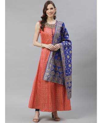 Made to Measure Pastel Woven Embroidered Anarkali Set with Contrast Banarasi Dupatta 1