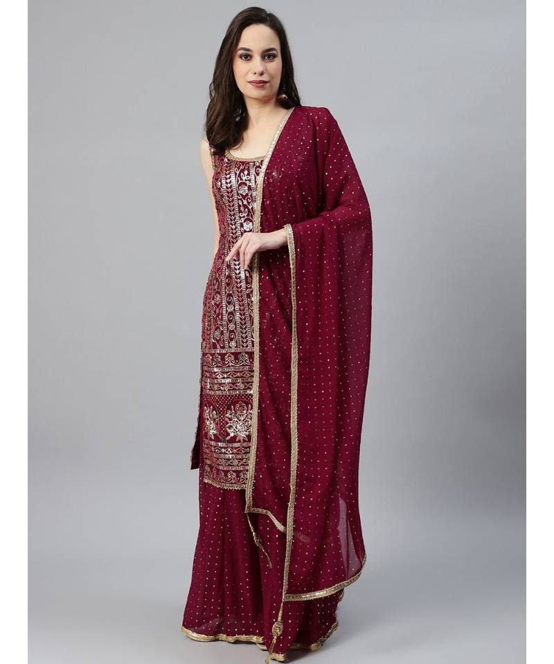 Georgette Stitched Pallazzos Suit with Oxidised Sequence & Mukaish Embroidery Dupatta
