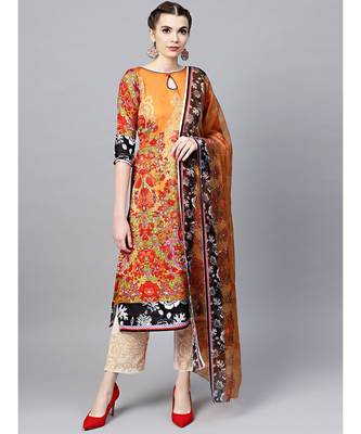 Mustard beige Floral Printed Crepe Made-to-Measure Kurta Set with Chiffon Dupatta 1