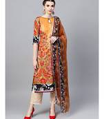 Mustard beige Floral Printed Crepe Made-to-Measure Kurta Set with Chiffon Dupatta