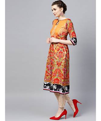 Mustard beige Floral Printed Crepe Made-to-Measure Kurta Set with Chiffon Dupatta 2