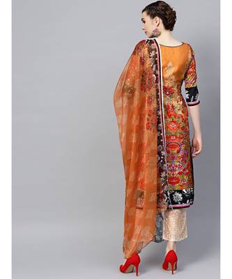 Mustard beige Floral Printed Crepe Made-to-Measure Kurta Set with Chiffon Dupatta 3