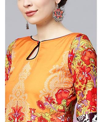 Mustard beige Floral Printed Crepe Made-to-Measure Kurta Set with Chiffon Dupatta 4
