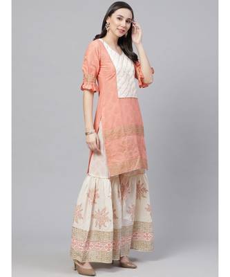 Pure Cotton Cambric Block Printing Stitched Suit with GottaPatti Embroidery & Shehrara 2
