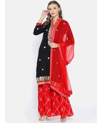 Black Gotta Patti Applique Embellished Kurta with Red Sharara and Chiffon Dupatta 1