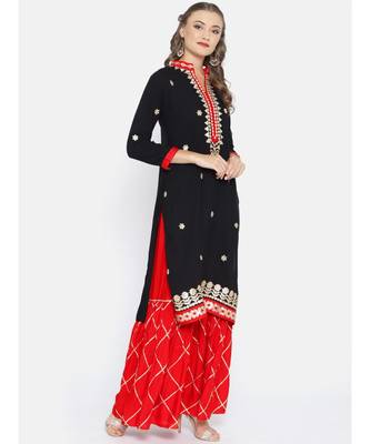 Black Gotta Patti Applique Embellished Kurta with Red Sharara and Chiffon Dupatta 2