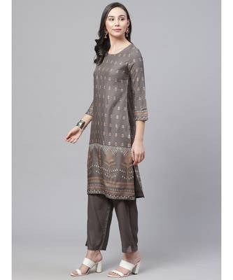Grey Made to Measure Charcoal Grey Kurta Pants Set With Ethnic Gold Block Printing 1
