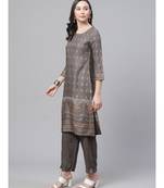 Grey Made to Measure Charcoal Grey Kurta Pants Set With Ethnic Gold Block Printing