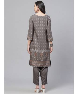 Grey Made to Measure Charcoal Grey Kurta Pants Set With Ethnic Gold Block Printing 2
