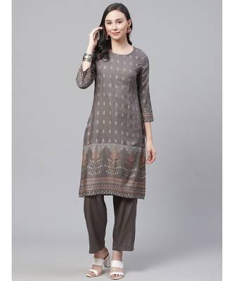 Grey Made to Measure Charcoal Grey Kurta Pants Set With Ethnic Gold Block Printing 3