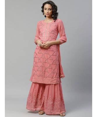 Pink Made to Measure Gota-Patti & Resham Embroidery Kurta Sharara Set with Chiffon Dupatta 1