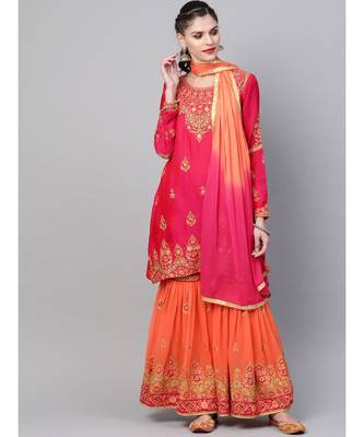 multicolor Made to Measure Embellished Kurta Sharara Set With Zari, Resham embroidery in a Jewelery inspired pattern 1