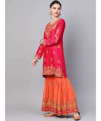 multicolor Made to Measure Embellished Kurta Sharara Set With Zari, Resham embroidery in a Jewelery inspired pattern 3