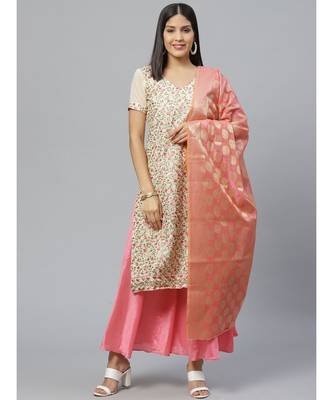 Beige Chanderi Stitched Suit with  Resham Embroidery & Woven Banarasi Dupatta 1
