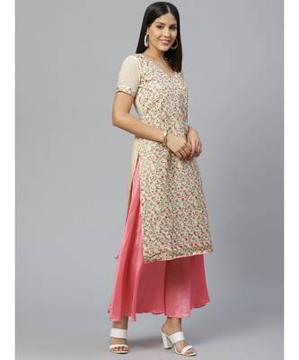 Beige Chanderi Stitched Suit with  Resham Embroidery & Woven Banarasi Dupatta 2