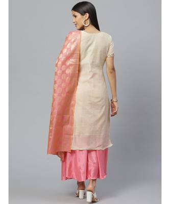 Beige Chanderi Stitched Suit with  Resham Embroidery & Woven Banarasi Dupatta 3