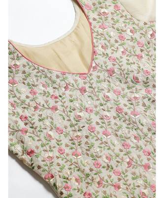 Beige Chanderi Stitched Suit with  Resham Embroidery & Woven Banarasi Dupatta 4