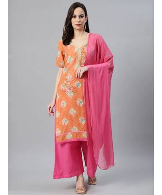Orange Cotton Stitched Resham Embroidered Suit with Batik Print & Styled Sleeves 1