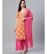 Orange Cotton Stitched Resham Embroidered Suit with Batik Print & Styled Sleeves