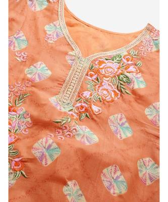 Orange Cotton Stitched Resham Embroidered Suit with Batik Print & Styled Sleeves 2