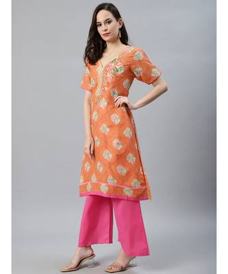 Orange Cotton Stitched Resham Embroidered Suit with Batik Print & Styled Sleeves 5