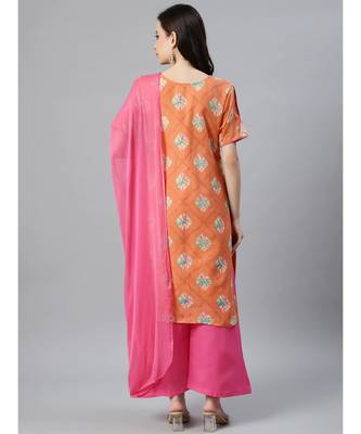 Orange Cotton Stitched Resham Embroidered Suit with Batik Print & Styled Sleeves 6