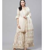 Cream Pure Cotton Cambric Block Printing Stitched Suit with GottaPatti Embroidery & Shehrara