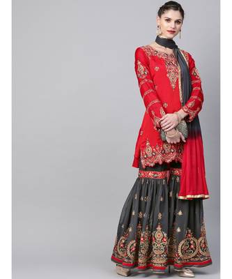 multicolor Made to Measure Embellished Kurta Sharara Set With Zari, Resham embroidery and scalloped hemline 1