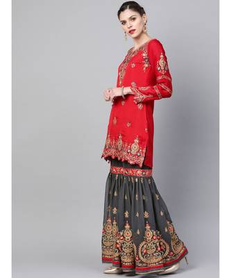 multicolor Made to Measure Embellished Kurta Sharara Set With Zari, Resham embroidery and scalloped hemline 3