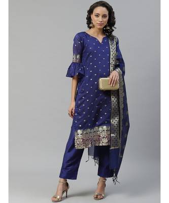Blue Made to Measure Banarasi Woven Design Kurta Trousers Set & Woven Dupatta, Flared Sleeves 1