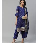 Blue Made to Measure Banarasi Woven Design Kurta Trousers Set & Woven Dupatta, Flared Sleeves