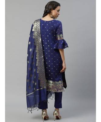 Blue Made to Measure Banarasi Woven Design Kurta Trousers Set & Woven Dupatta, Flared Sleeves 2