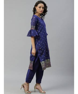 Blue Made to Measure Banarasi Woven Design Kurta Trousers Set & Woven Dupatta, Flared Sleeves 3