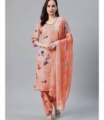 Peach Cotton Digital Print Dress Material with Floral Motif & Chiffon Printed Dupatta
