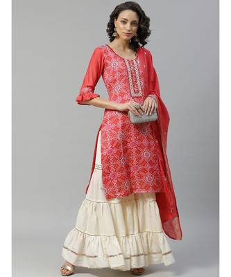 orange Mirror Neck line Art Silk Kurta,with Gotta Patti Sharara & Sequence Embroiderd Dupatta 1