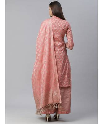 Pink Handloom Chanderi Kurta Set with Resham Weave Paisley Pattern & Banarasi Dupatta 2