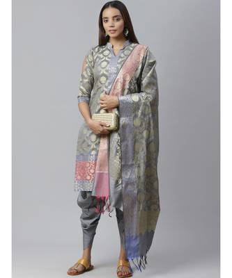 Grey Handloom Chanderi Kurta Sets with Gold Floral Weave Pattern & Banarasi Duppatta 1