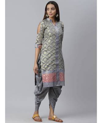 Grey Handloom Chanderi Kurta Sets with Gold Floral Weave Pattern & Banarasi Duppatta 3
