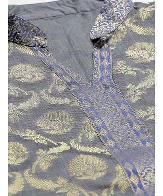 Grey Handloom Chanderi Kurta Sets with Gold Floral Weave Pattern & Banarasi Duppatta 4