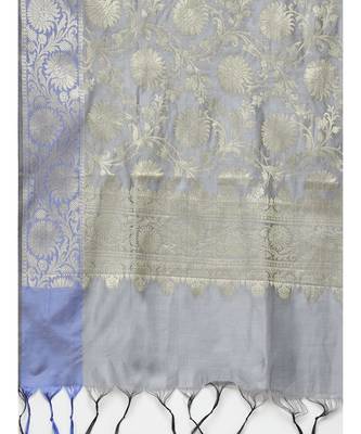 Grey Handloom Chanderi Kurta Sets with Gold Floral Weave Pattern & Banarasi Duppatta 5